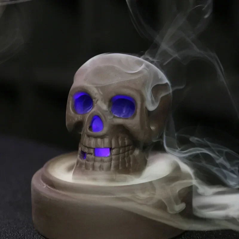 1pc, Ceramic Windproof Waterfall Backflow Led Skull Incense Burner Home Office Tea House Decorate Halloween Skull Decoration