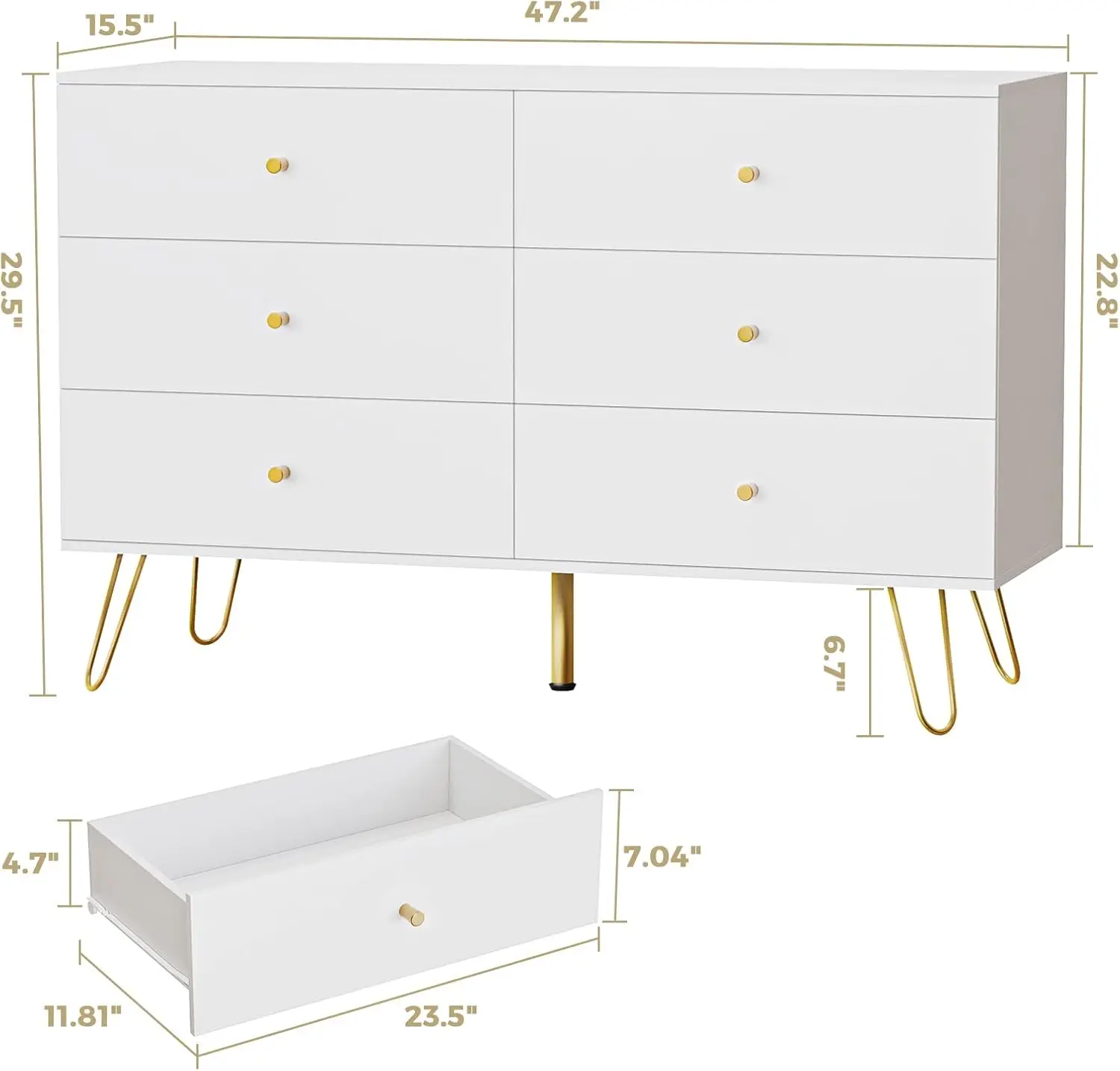 White Dresser for Bedroom, Wide Wood 6 Drawer Dressers & chests of Drawers, TV Stand for 55