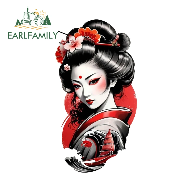 EARLFAMILY 13cm x 6.9cm Japanese Geisha Summer Wave Car Sticker Artic Windshield Bumper Decal Printing Luggage Waterproof Decor