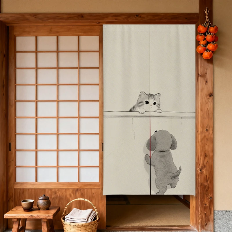 VIKAMA Cartoon Cat and Dog Room Divider Curtain, Cute Pet Decorative Curtain, Nursery and Bedroom Home Decor