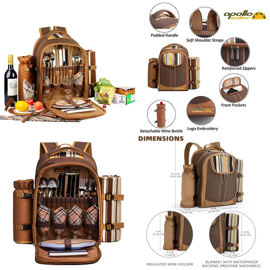

Picnic Backpack Bag for with Cooler Compartment, Wine Bag, Picnic Blanket 45x53,Best for Family and Lovers Gifts