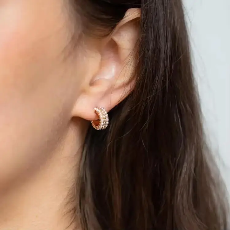 2025 New White Pearls Huggies Earrings Paved Cubic Zirconia for Women Exquisite lovely Gold Color Hoop Earring
