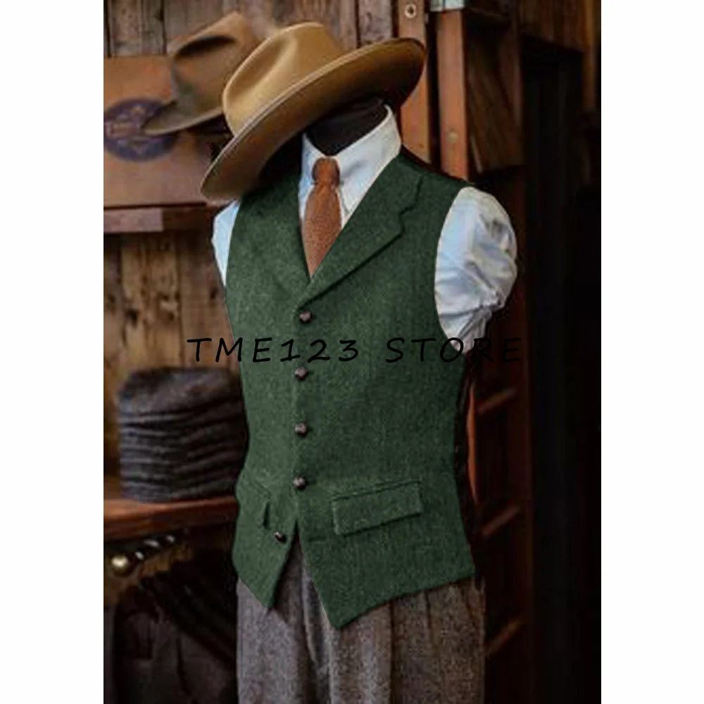 Men\'s Suit Vest Brown Wool Tweed Business Waistcoat Jacket Casual Slim Fit Gilet Homme Vests For Groosmen Man Wedding