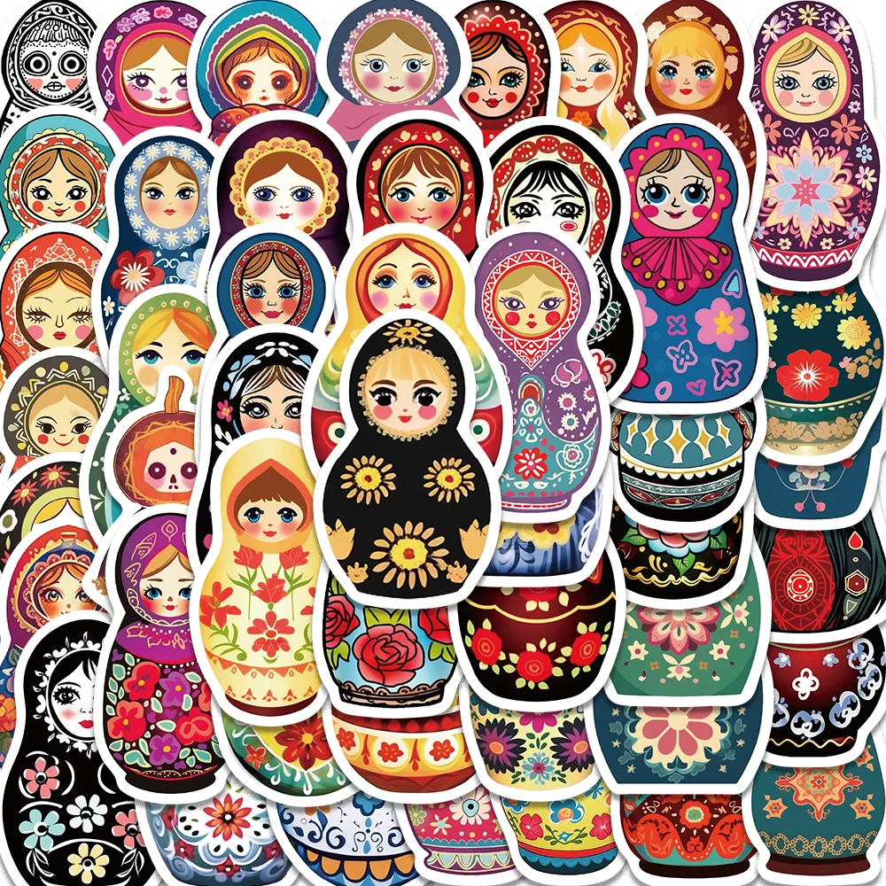 

52pcs Vintage Russian Matryoshka Dolls Stickers for Envelope Computer Scarpbook Guitar Diary Phone Case Waterproof DIY Decal