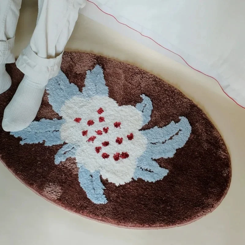 

Vintage Tufting Plushs Rug Bedroom Coffee Table Mat Soft Absorbent Oval Floor Carpet Retro Style Bedside Anti Slip Indoor Decor