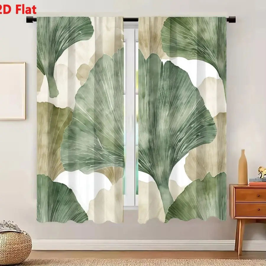 2Pcs Curtains 2D Flat Seamless Pattern With Stylized Ginkgo Leaves In Muted Green And Soft Beige On White Background Window Drap