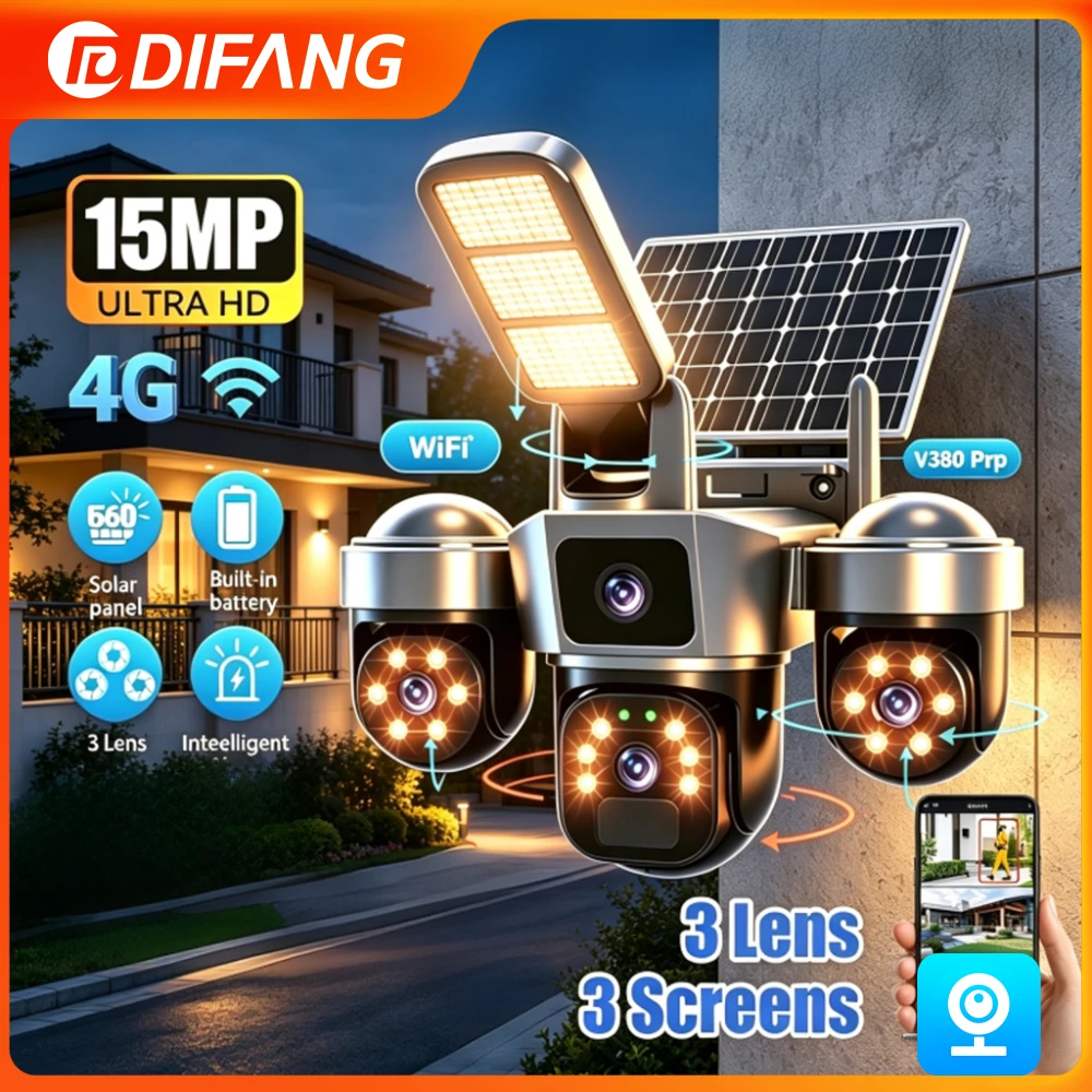 Solar Lighting Camera 15MP WiFi Solar Camera 3 Screen 10X Zoom Outdoor 4G Sim Card Solar Security Cameras V380 Pro
