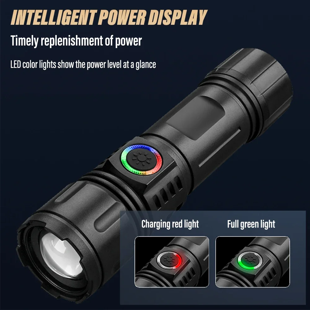 Super Bright LED Flashlight Rechargeable Torch Outdoor Searchlight Portable Camping Lamp with Telescopic Zoom Outdoor Handlight