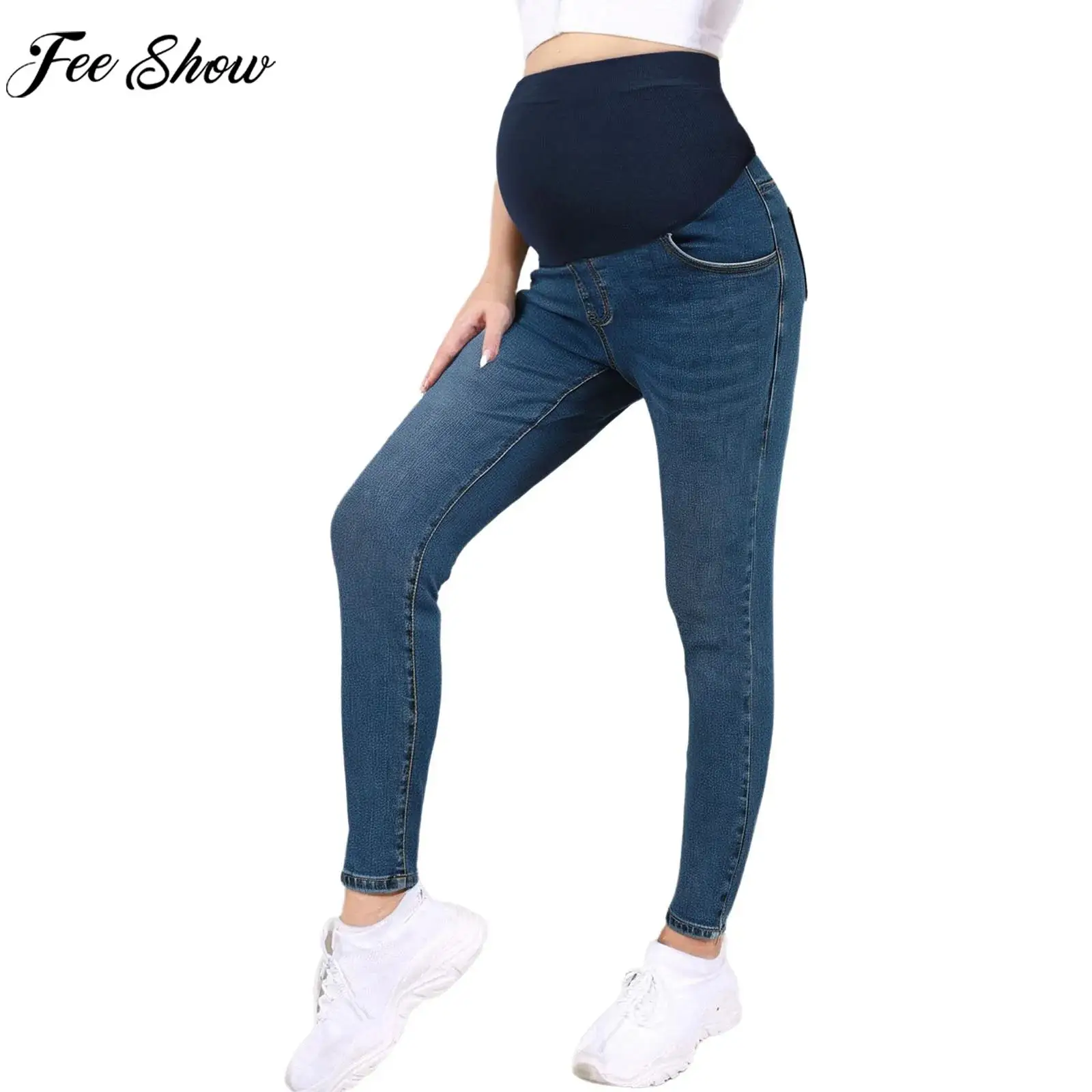 Maternity Casual Stretchy Bootcut Jeans with Pockets Over The Belly Abdomen Supporting Flare Denim Pants for Daily Work Wear