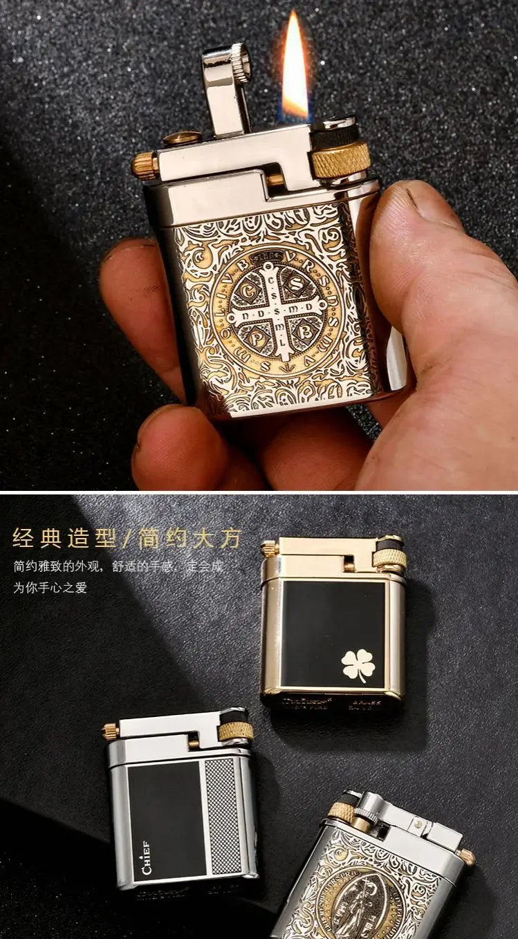 Chief Brass Liquid Lighter Creative Slide Ignition Metal Gasolin e Lighter Refuelable Vintage Classic Lighter