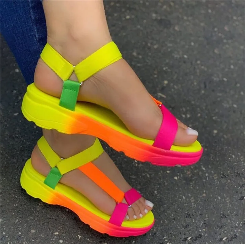 Rainbow Color Ladies Sandals Plus Size Women\'s Shoes 2023 Summer New Foreign Flat Sandals Shoes for Women