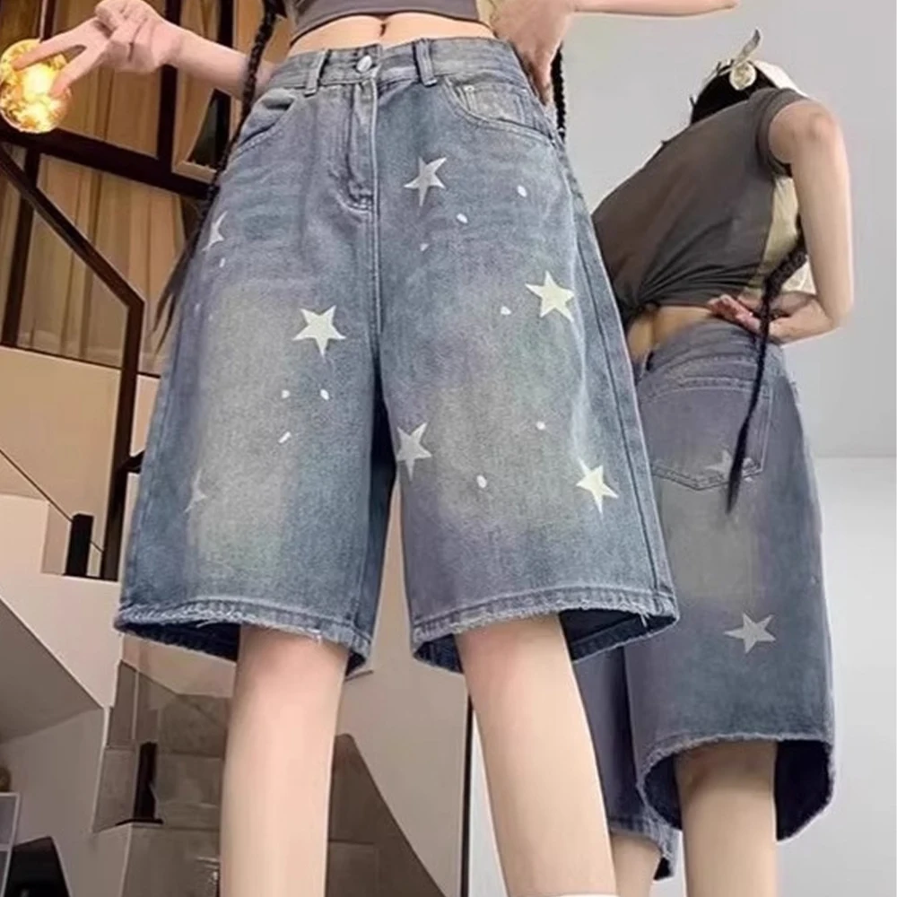 

Women High Waist Retro Washed Jeans Loose Wide Leg Straight Denim Knee Length Pants Girls Streetwear Female Blue Shorts