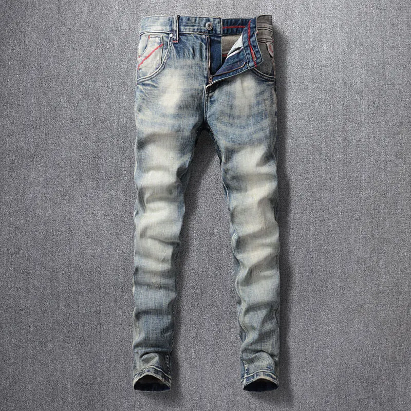 

Fashion Designer Men Jeans High Quality Retro Washed Blue Stretch Slim Fit Ripped Jeans Men Italian Style Vintage Denim Pants