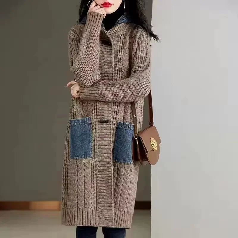 Hooded Knitwear Cardigan Coat Women New Autumn Winter 2024 Long Denim Stitching Sweater Jacket Thickened Loose Outerwear Female