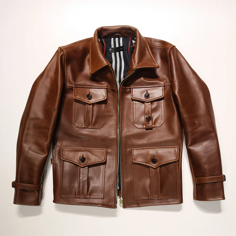 Spring Autumn seasonality Men Brown Leather Motorcycle Riding Jacket Natural Horween First Layer Cowhide Biker Hunting suit