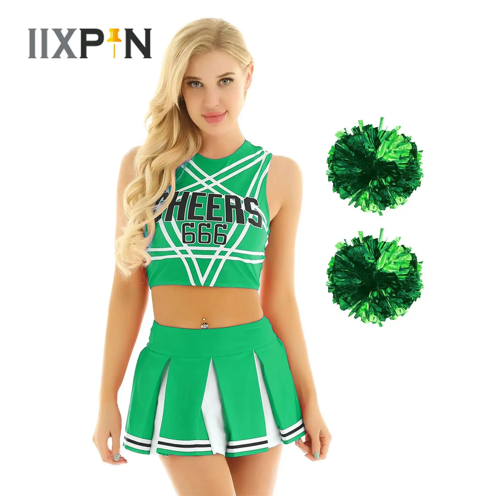 

Womens Adults Cheerleader Uniform Dress Sleeveless Crop Top+Mini Pleated Skirt+Flower Balls Outfits Schoolgirl Role Play Costume