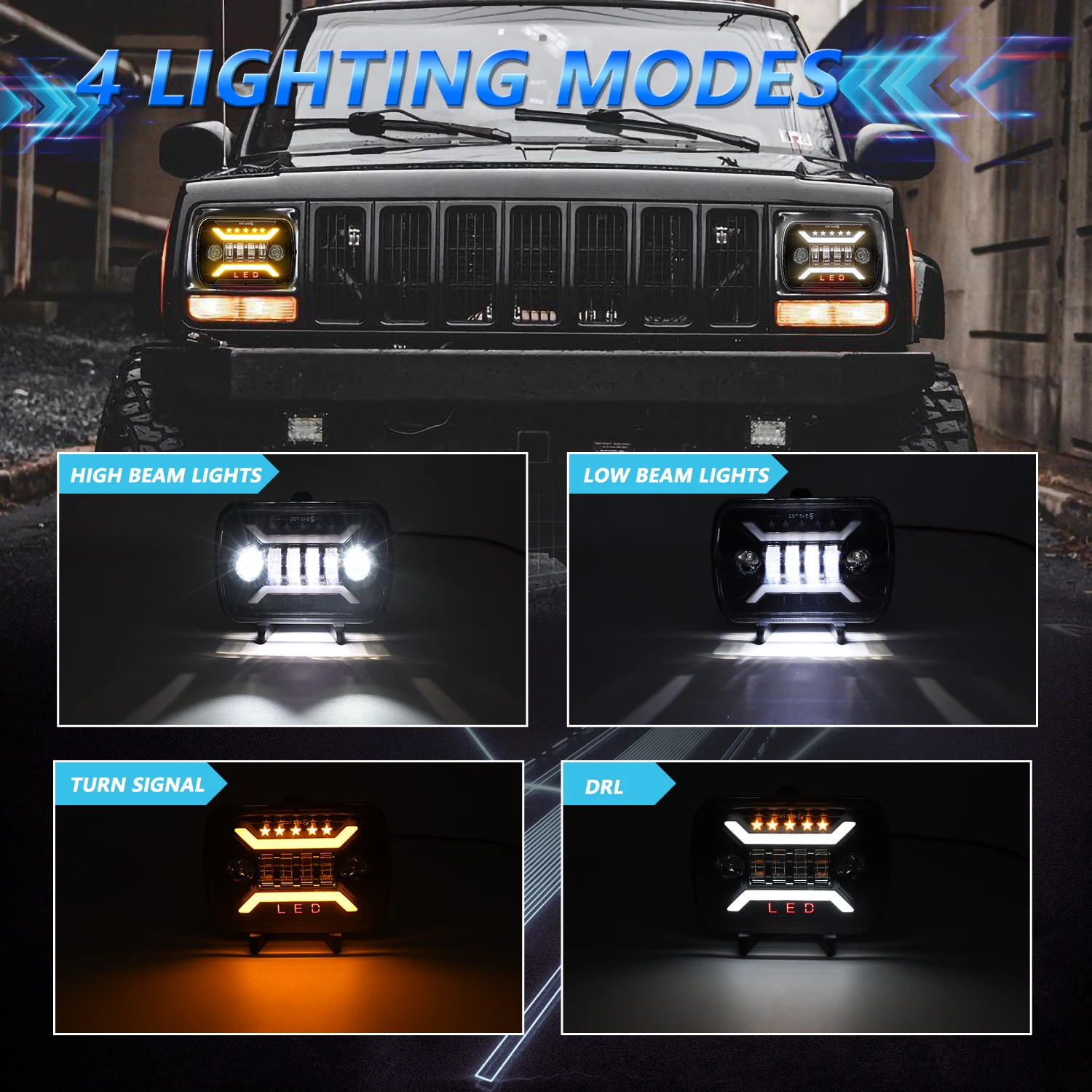 MONDEVIEW H4 5x7 7x6 Square Wrangler Headlights 2000W High Power 300000LM High Brightness 6000K White Light Car Headlights