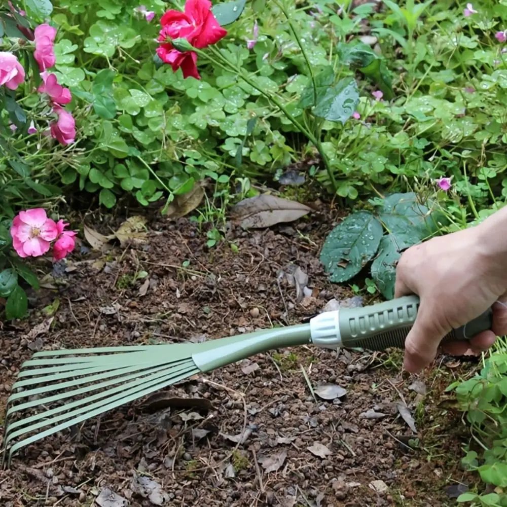 

Garden Fork 15.5 Inch 9Teeth Garden Rake Comfort Grip Iron Grass Rake Durable Green Leaf Broom Lawns