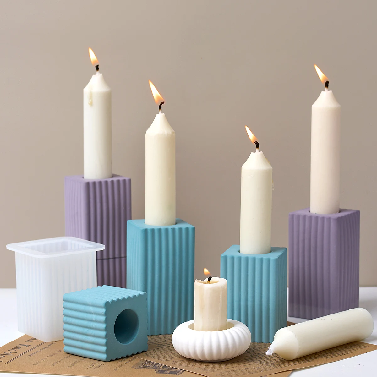 사각형 줄무늬 촛대 실리콘 몰드, DIY 수제 원형 석고 송진 촛대, 거치대 주조 금형, 가정 장식 공예 선물