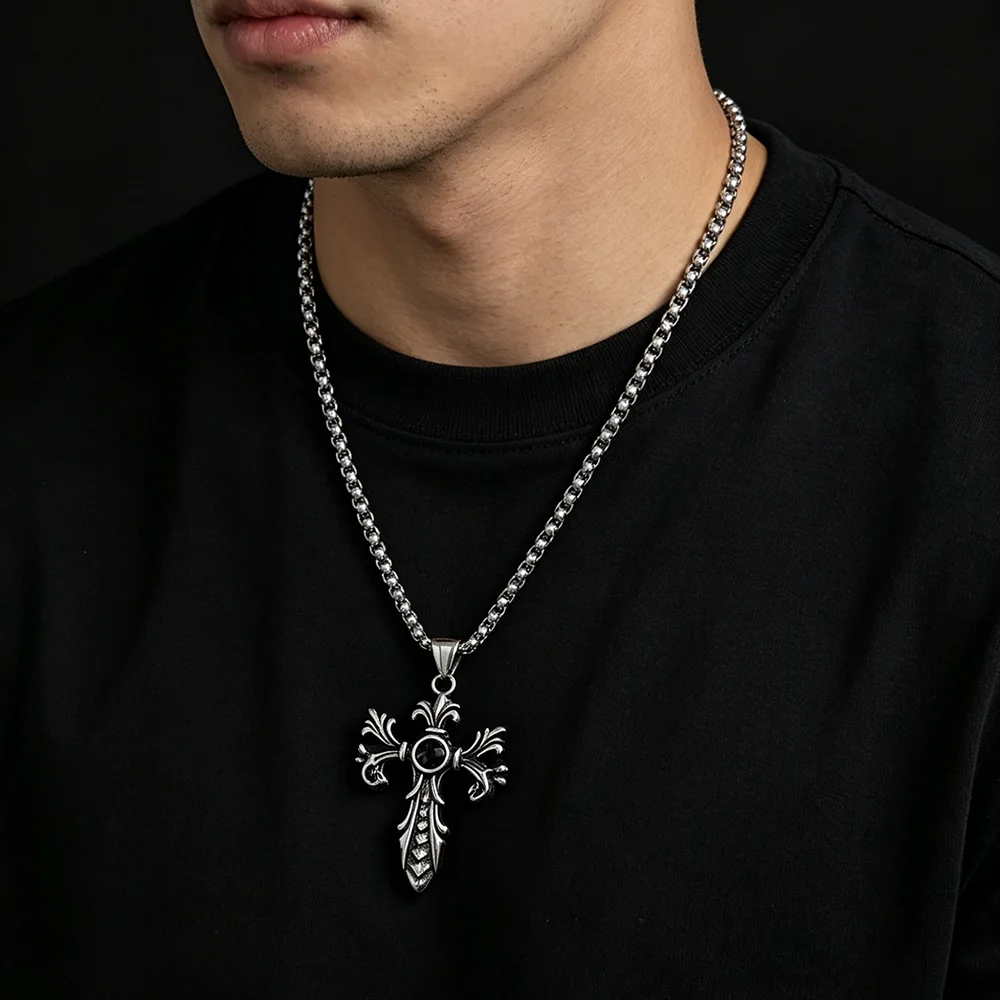 Retro cast Baroque cross stainless steel necklace, waterproof and non-fading blackening process, bulk sales pendant