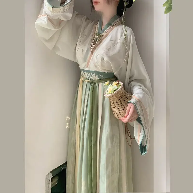 중국 위진 스타일 데일리 한푸 세트, 절묘한 꽃 자수 그라데이션 거즈 원피스 기질 허리 조임 원피스, 2024 신제품