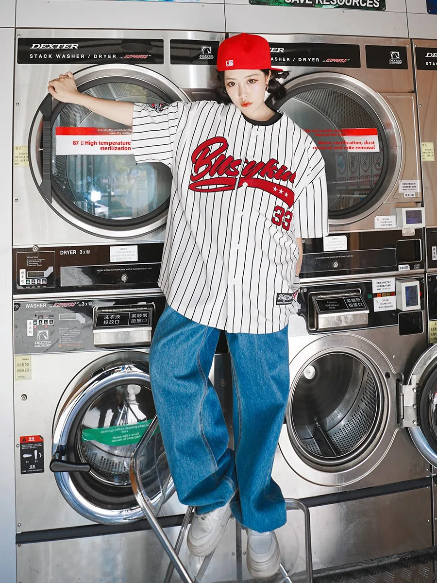 

Busykid American Hip Hop Baseball Jersey Open Cardigan Original West Coast Stripe T-irt Trendy Street Dance ort Sve