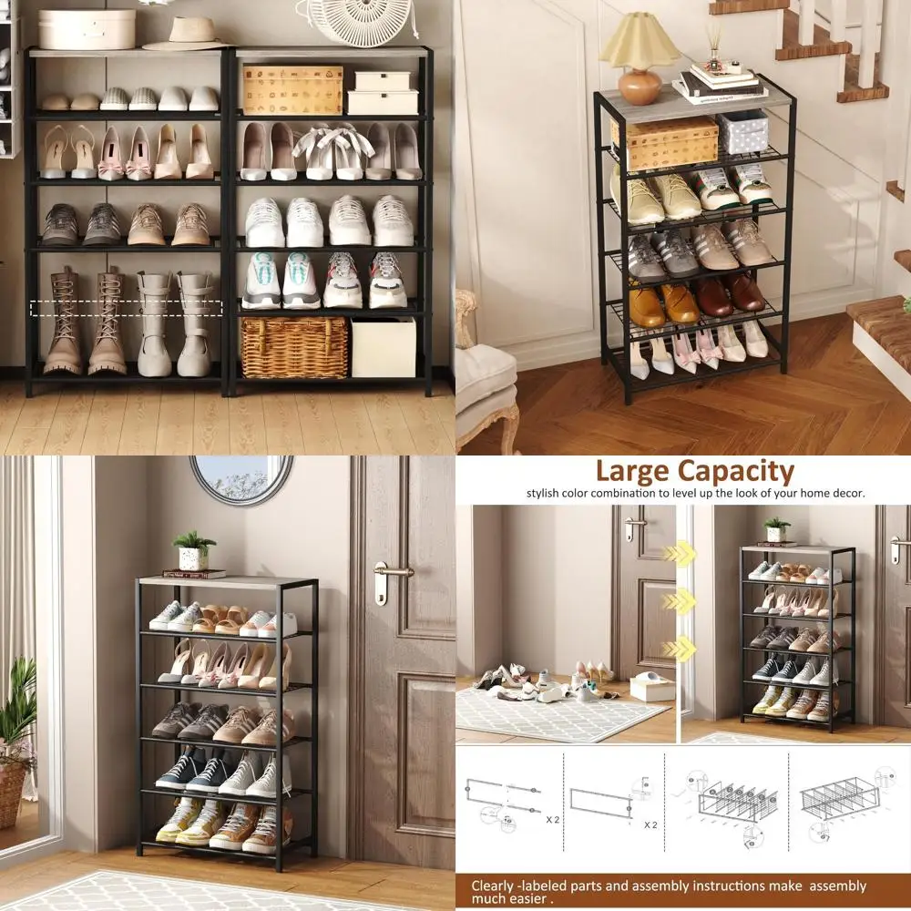 

6-Tier Shoe Rack Organizer, 23 Storage Shelf for Closet & Entryway, Holds 3 Pairs per Tier, Metal Shelves with MDF Top, Washed G