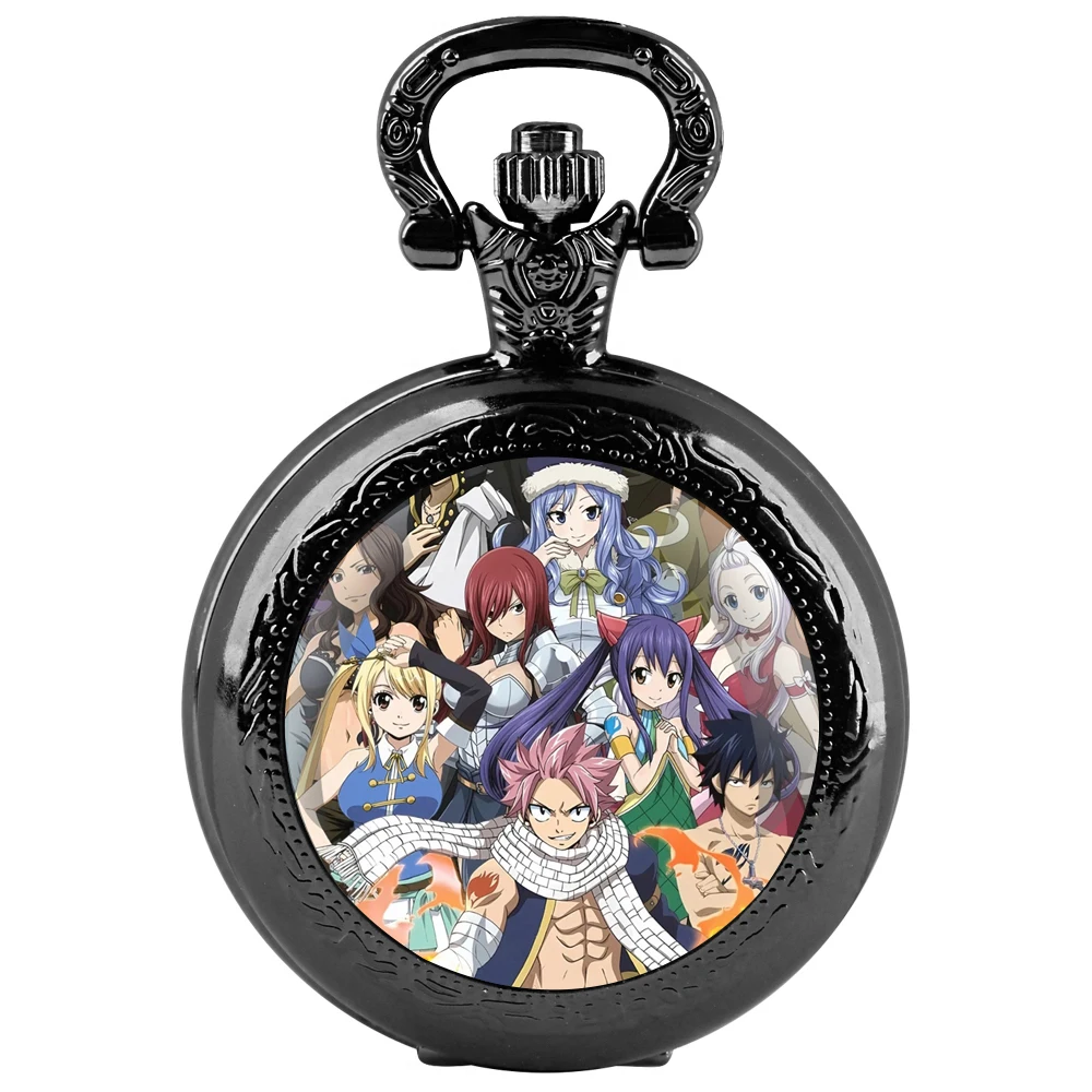 Anime Glass Dome Black Quartz Pocket Watch with Arabic Numerals Dial and Durable Chain Retro Gift for Men Women