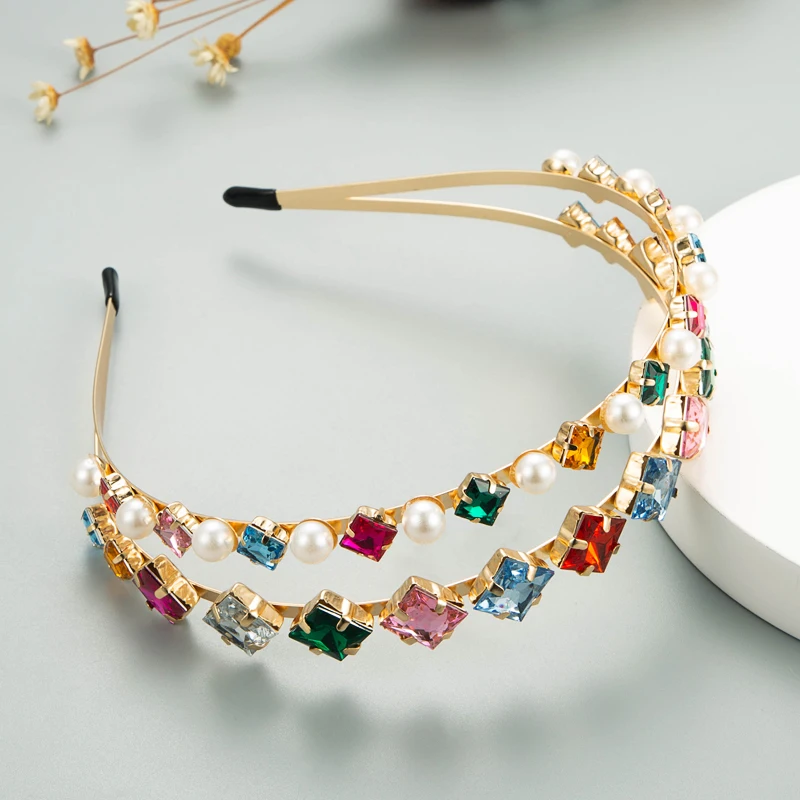 European and American Fashion Trend Double-layer Metal Hair Hoop, Korean Version Pearl Inlaid Rhinestone Super Flash Headband