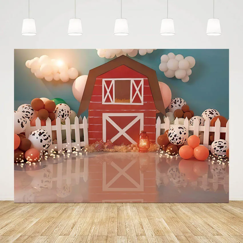 Mehofond Photography Background Farm Red Barn Fence Balloon Boy 1st Birthday Cake Smash Decor Backdrop Photo Studio Photozone