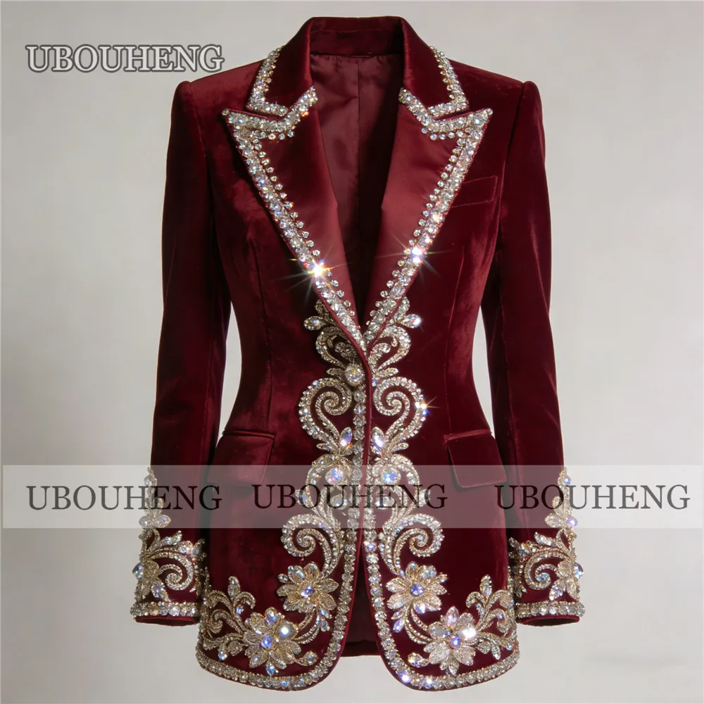 Traje de mujer con cuentas de diamantes brillantes para boda, blazer de terciopelo burdeos para graduación, atuendo de negocios personalizado para mujer, vestido para la madre de la novia