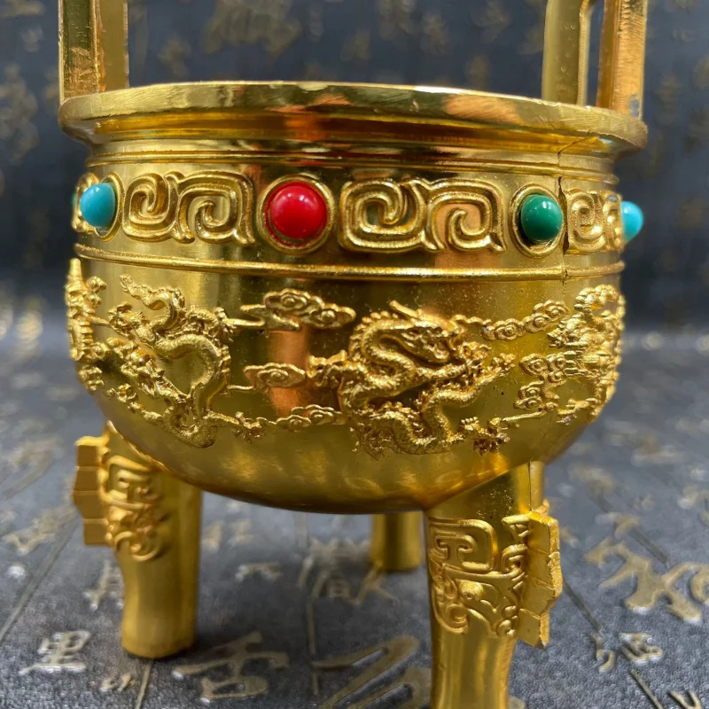 Crafts Ancient Alloy Gemstone Dragon Tripod Gold Tripod Home Decoration Blessing Good Meaning Crafts Ornament
