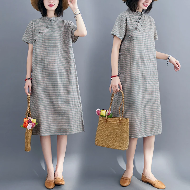 

Summer New Retro Chinese Sle Midi Length Loose Cotton Linered Plaid Dr Women's Qipao Skirt ort Sve Stand Collar Dr