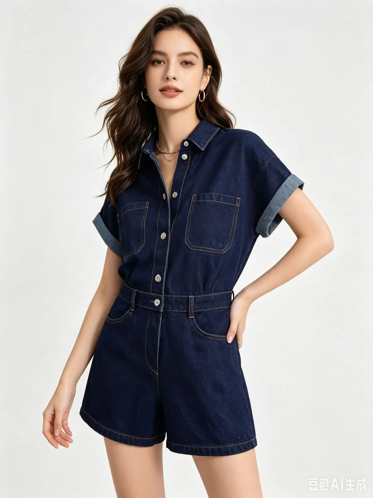 Women's Short-sleeve Pocket Cropped Denim Jumpsuit Decoration Casual Fashion Summer Women's Romper Shorts AE Stock