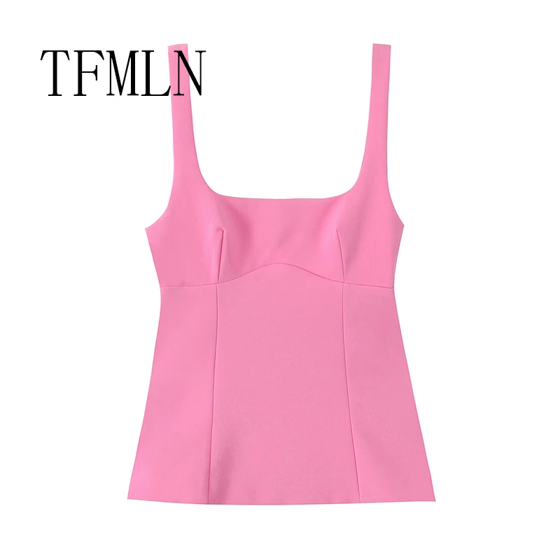 TFMLN جديد الصيف النساء عارية الذراعين القوس القمم موضة ساحة الرقبة سليم تانك القمم الصلبة بروتيل Y2k سترات البنطال القصير ملابس امرأة