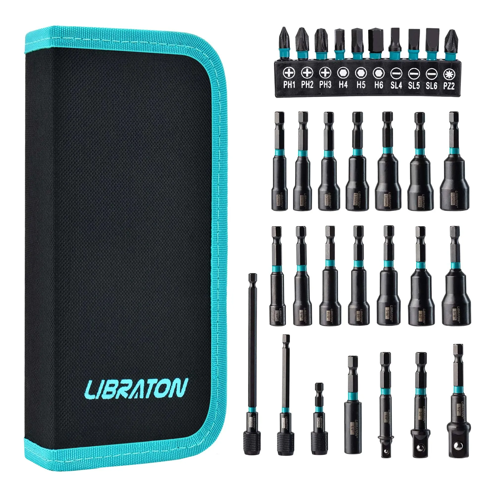 Libraton 31PCS Magnetic Nut Driver Metric & SAE, Impact Drill Driver Bit Set Screwdriver Bits Impact Socket Adapters Bit Holder