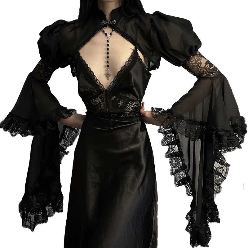 2026 New Women Vintage Gothic Vampire Chiffon Shrug Shawls Exaggerated Flared Sleeve Ruffled Floral Lace Trim Mock Neck Dresses