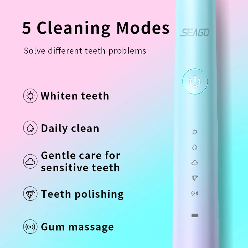 Seago SG-S2 Sonic Electric Toothbrush 5 Models Washable Electronic Teeth Brush USB Rechargeable IPX7 With 10 Brush Heads