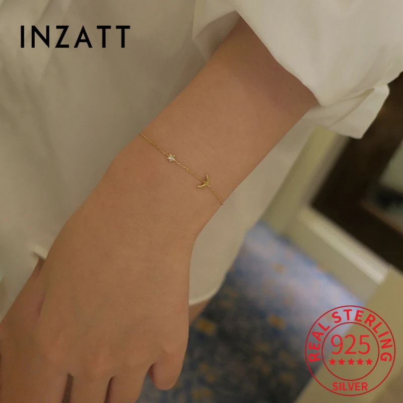INZATT 여성용 진짜 925 스털링 실버 지르콘 스타 문 14K 글로드 팔찌, 패션 힙합 파인 주얼리 미니멀리스트 액세서리