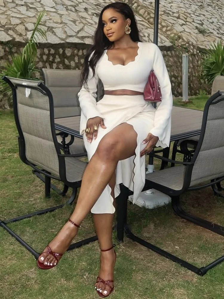 Wmstar Two Piece Set Women Wholesale Stock Cross Border 2025 Autumn New Style Fresh Flared Sleeve Slim Solid Color Slit Suit