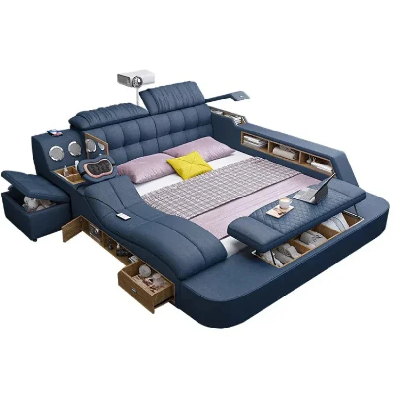 Cama doble Modular inteligente nórdica, almacenamiento maestro, cama doble de diseño de lujo, Camas de cuero multifuncionales, muebles matrimoniales