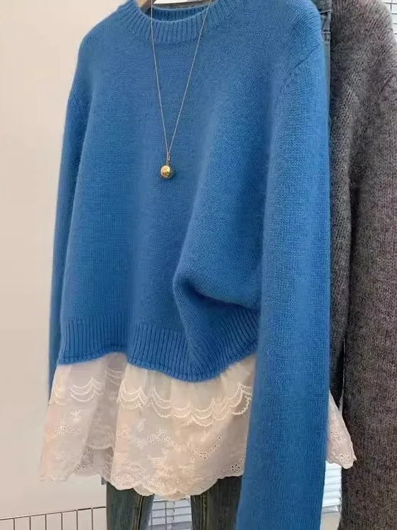

Blue Lace Splice Knitwear Women's Early Autumn High School Student Large Toddler Lazy Sle Base Layer Long Sve round Ne