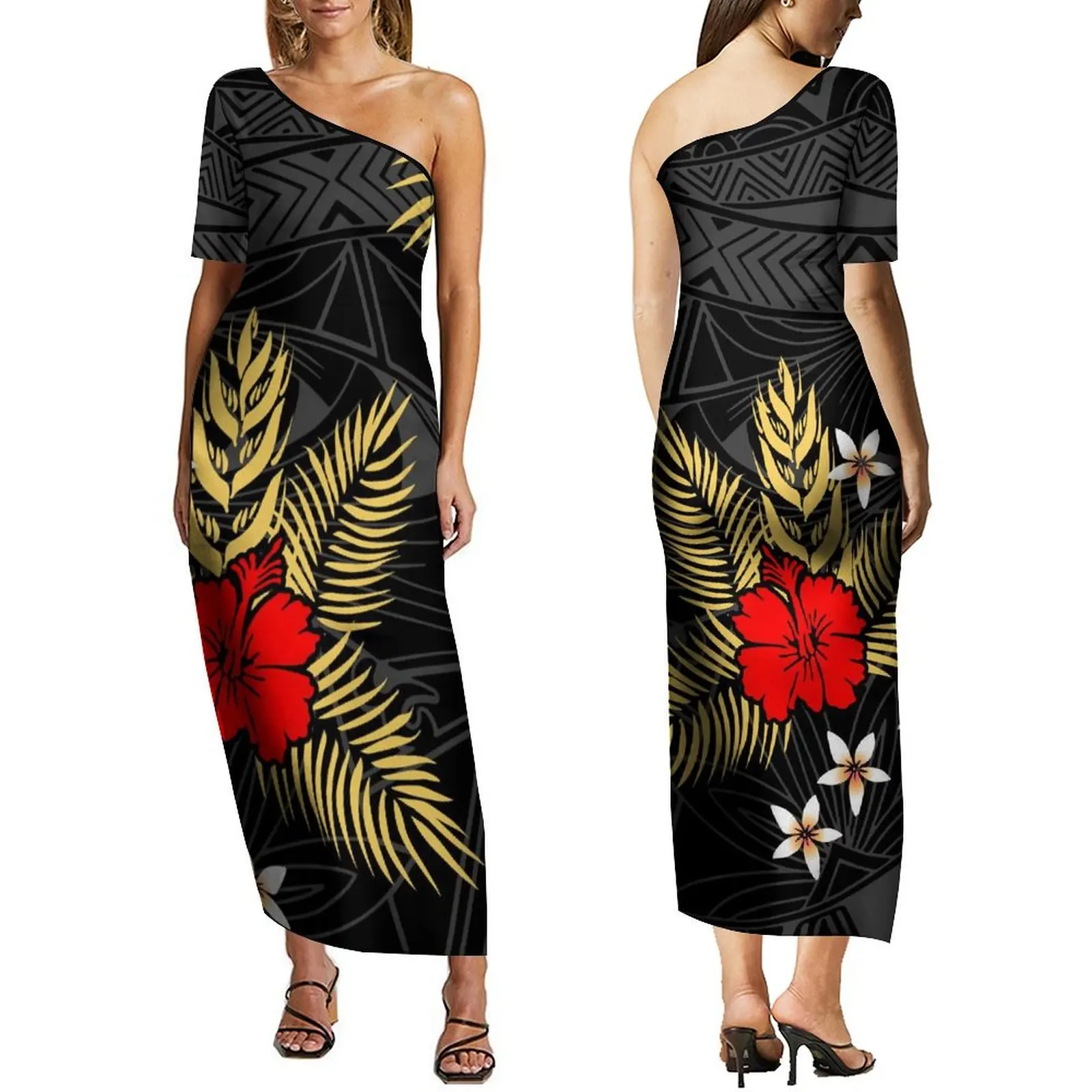 Women'S Short Sleeved Dress Polynesian Tribe Design Print Maxi Dress Hawaii Off-The-Shoulder Party Elegant Dress