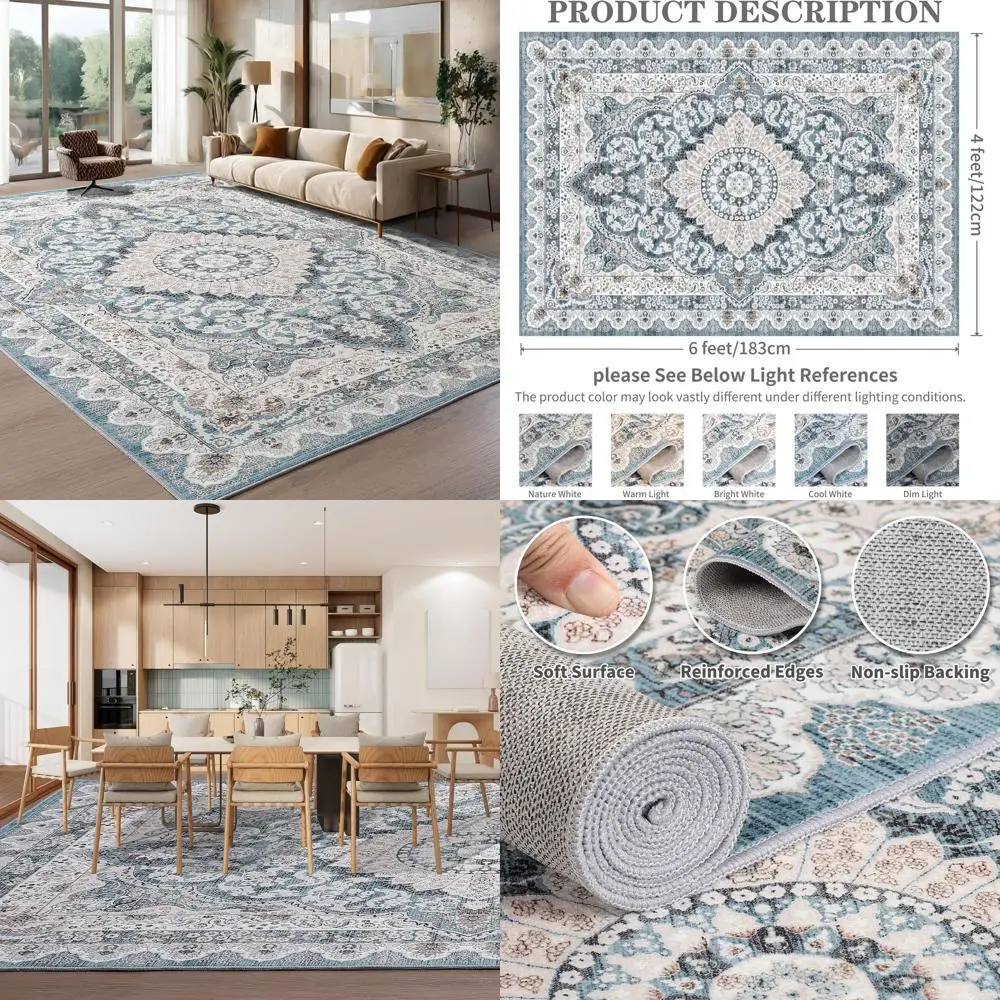 

Vintage Blue 4x6 Rugs for Living Spaces, Machine Washable with Non-Slip Rubber Backing, Suitable for Home Decor in Bedroom, Dini