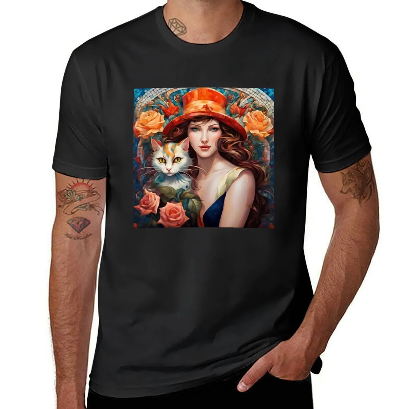Beautiful girl with a cat. T-Shirt quick drying oversized Short sleeve tee Men's t-shirt