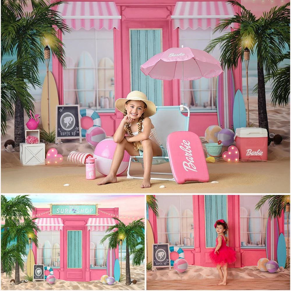 

Summer Surf Shop Photo Background,Pink Beach Princess Birthday Photo Studio Props for Girl Cake Smash Background for Photography