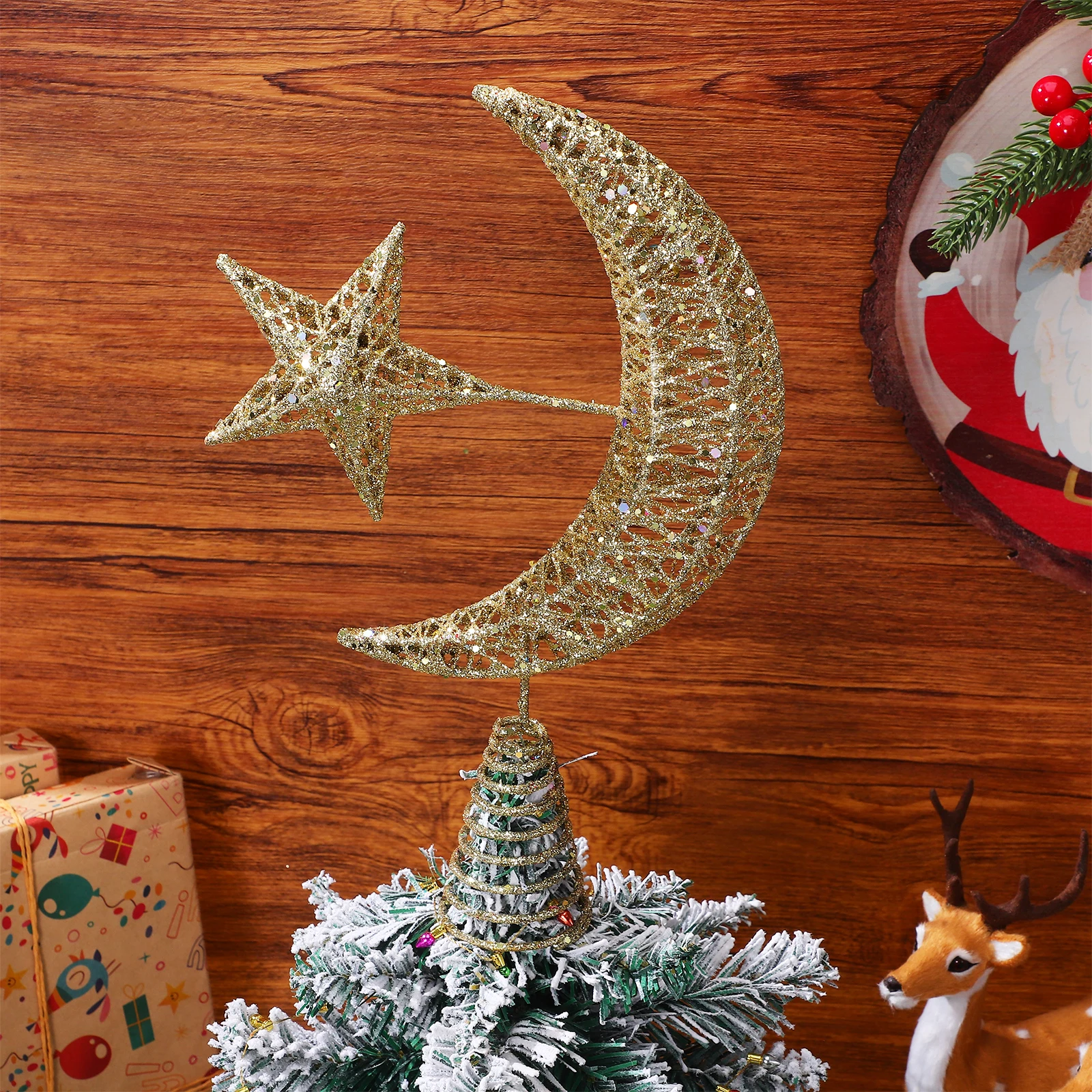 

Christmas Star Moon Tree Topper Iron Material Festival Holiday Ornament Xmas Decoration Party Decor Tree Topper