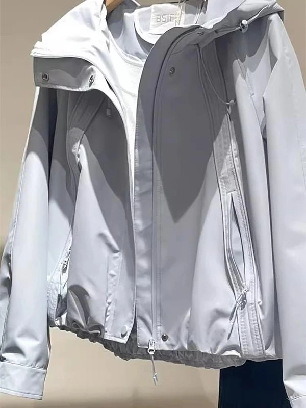 Loose Casual Hooded Jacket Women's Spring Outdoor Sports Style Outerwear Light Blue Korean Version Long Sleeve Coat