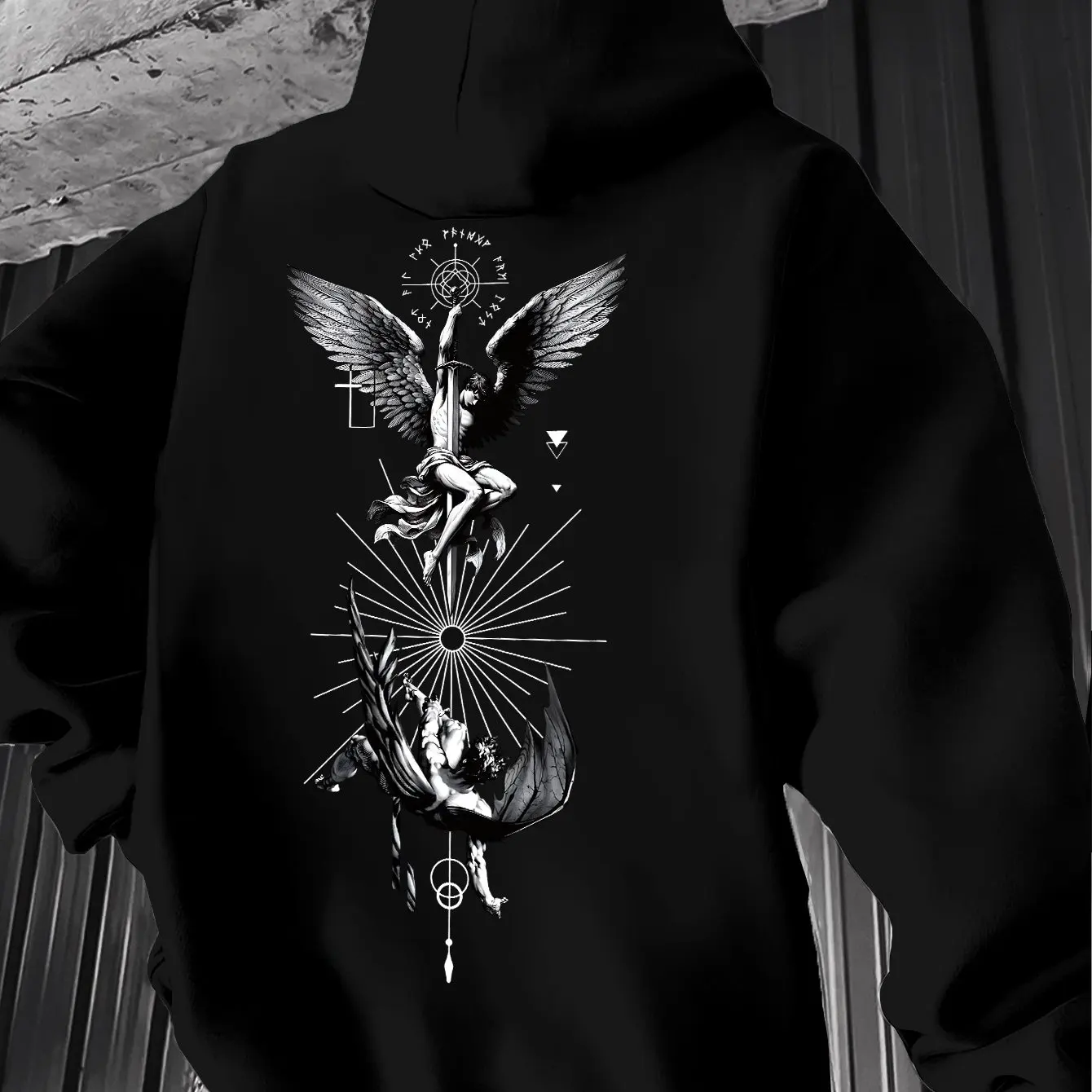 Herren St. Michael Erzengel Kapuzenpullover Gothic Engel Grafik Vintage Dark Art Rückendruck Übergroßer Streetwear Herbst Winter – Detail 3