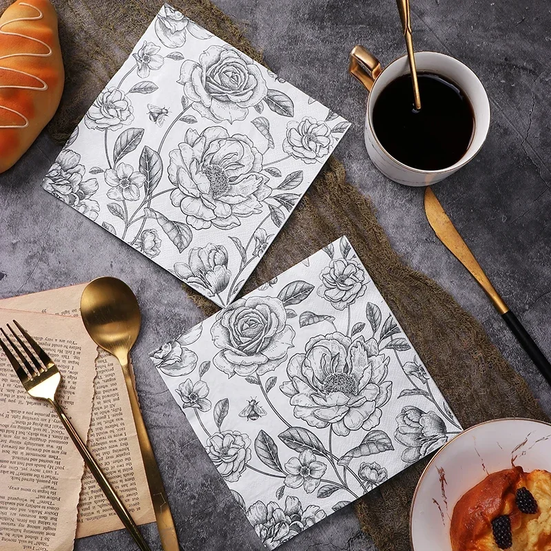 New Black Rose Printed Napkins Black and White Printed Paper Napkins Butterfly Bone Bart Handmade DIY Material Paper 20pcs/pac